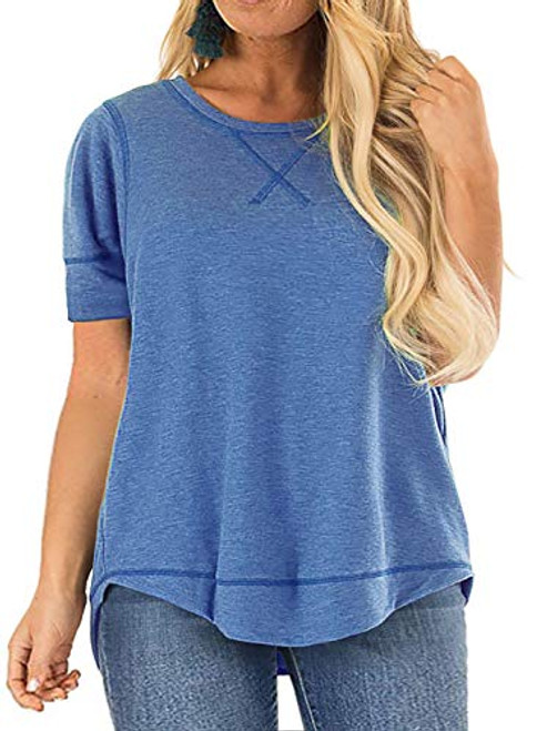 Women's Plus Size Tops Crewneck Short Sleeve Tunic Tops Casual Summer Blouse Side Split Tunics Shirts Blue