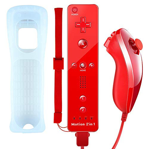 QUMOX Wii Nunchuck Remote Controller with Motion Plus Compatible with Wii and Wii U Console  Wii Remote Controller with Shock Function  Red