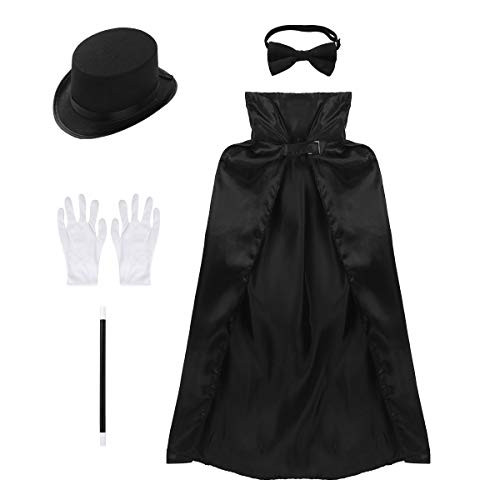 YiZYiF 5Pcs Kids Magician Costume Set Halloween Cosplay Role Play Party Dress Up  Cape Hat Magic Wand Gloves Necktie  Black One Size