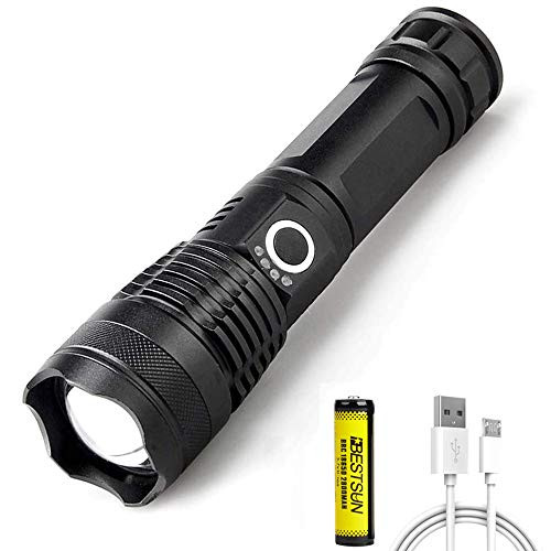 LED Flashlights Rechargeable High Lumens XHP50 Flashlight  9000 Lumens  5 Modes Zoomable Tactical Flashlights with Power Indicator for Outdoor Emergency Lighting  Battery Included