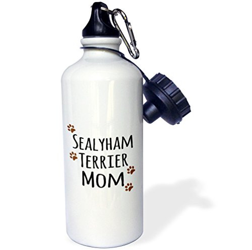 3dRose "Sealyham Terrier Dog Mom-Doggie by breed-muddy brown paw prints-doggy lover-pet owner mama" Sports Water Bottle  21 oz  White