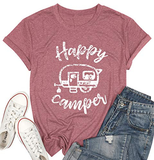 Happy Camper Shirts for Women Camping T-Shirt Letter Print Cute Graphic Short Sleeve Casual Tee Tops  XL  Pink