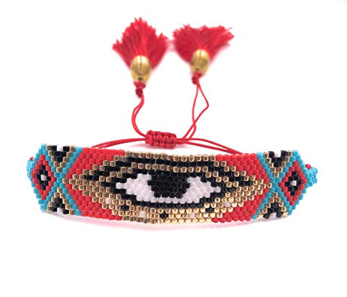 Miyuki Seed Beads Evil Eye Red Tassel Boho Bangle