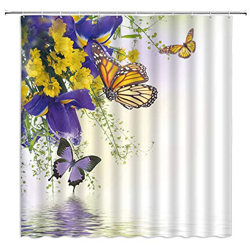 XZMAN Flower Butterfly Shower Curtain Purple Yellow Floral Butterflies Lake Spa Spring Fantasy Nature Scenery Waterproof Bathroom Decor Fabric Set 70 x 70 Inches with Hooks