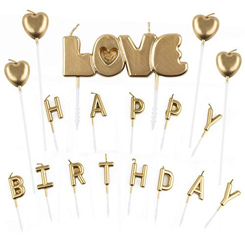 CHARMGIRL Gold Happy Birthday Candles Cake Toppers- Birthday Letters Candles, Heart Love Cake Toppers, Metallic Happy Birthday Cake Candles for Adults/Kids Wedding Party Decorations