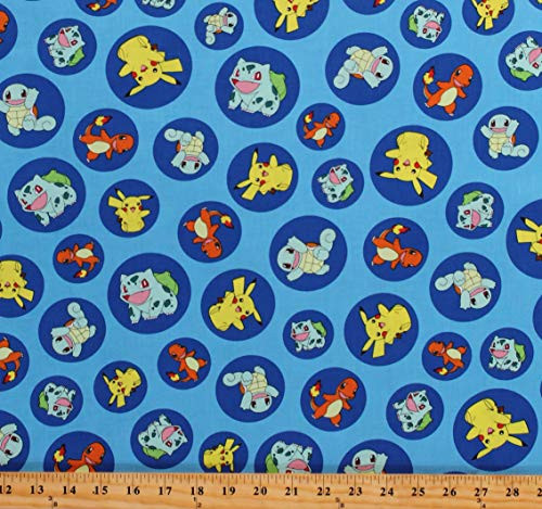 Cotton Pokemon Pikachu Charmander Squirtle Bulbasaur Blue Cotton Fabric Print by The Yard  D657.35