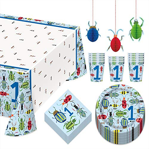 1st Birthday Blue Bug Dessert Party Pack - Paper Plates Napkins Cups Table Cover and Hanging Cutouts Set Serves 16 1st Birthday Blue Bug Dessert Party Pack - Paper Plates Napkins Cups Table Cover and Hanging Cutouts Set Serves 16