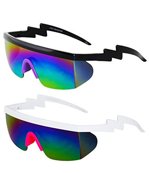 Semi Rimless Goggle Style Retro Rainbow Mirrored Lens ZigZag Sunglasses  Rainbow Purple and Rainbow Pink