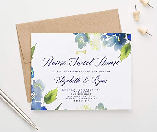 Watercolor Blue Floral Greenery Housewarming Invitations with Envelopes Personalized  Home Sweet Home Housewarming Party Invites  Your choice of Quantity and Envelope Color