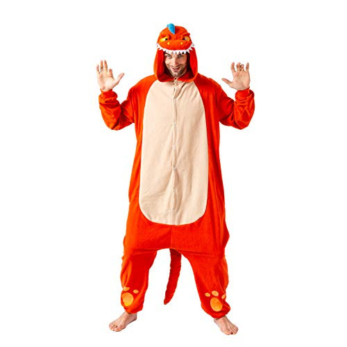 Spooktacular Creations Unisex Adult Pajama Plush Onesie One Piece Orange Dinosaur Animal Costume  Large