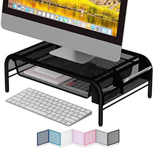 NEATERIZE Monitor Stand for Desk - Metal Monitor Stand Riser and Laptop Desk Stand with Organizer - Desktop Computer Stand and Monitor Riser Stand for Desk with Drawer - Improves Airflow -  Black