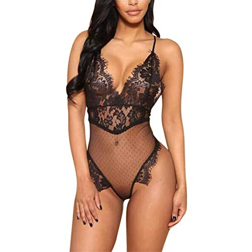 Women Lingerie Hessimy Women Deep V Lingerie Lace Babydoll Mini Bodysuit Halter Teddy Comfortable One Piece Lingerie Sexy Baby Dolls Sleepwear Black