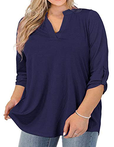 AMCLOS Womens Plus Size Solid Tunic Tops V Neck Blouse Shirts Navy Blue  3XL