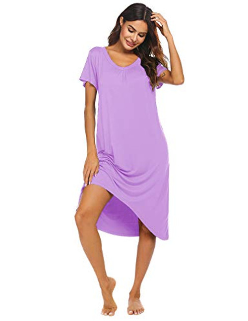 Ekouaer Women's Short Sleeve Nightgowns Soft Long Sleep Shirts Sleepwear Plus Size S-2XL Light Purple