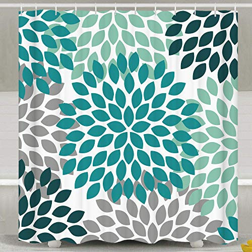 MAMINA Dahlia Shower Curtain Dahlia Pinnata Floral Flower Shower Curtain Teal Grey Blue Turquoise Orange Dahlia Print Decorative Waterproof Polyester Fabric Bathroom Curtain with Hooks 72"x72"