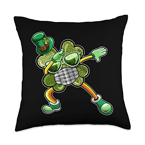 St Patricks Day Green Shamrock Decorations Gifts Boys St Patricks Day Shirt Dabbing Shamrock Leprechaun Mask Throw Pillow  18x18  Multicolor