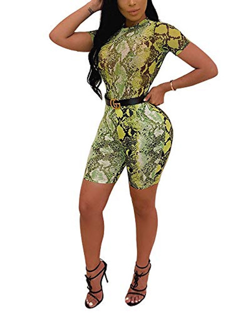 Womens Sexy Two Piece Outfits Short Sleeve Crop Top Bodycon Short Pants Set Clubwear  Green-1  Large