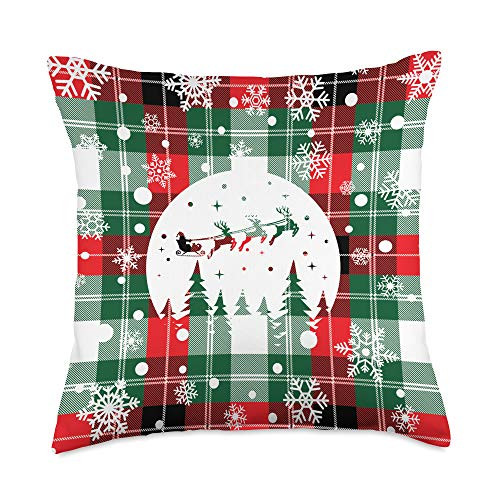 Snowy Christmas Santa Reindeer Red Plaid Gifts Snowflakes Red Green Buffalo Plaid Christmas Santa Reindeer Throw Pillow  18x18  Multicolor