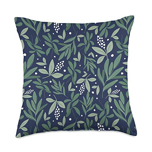 Vine Mercantile Green Botanical Foliage  and  White Berry Floral Bud Pattern Throw Pillow  18x18  Multicolor