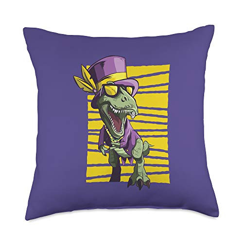 Carnival Designs for Dino Fans Purple Mardi Gras T Dino Dinosaur Tyrannosaurus Rex Throw Pillow  18x18  Multicolor