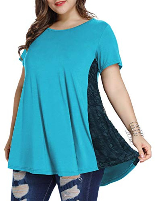 LARACE Women Lace Tunic Top Short Sleeve Flare T Shirt for Leggings 2X Lake Blue LARACE Women Lace Tunic Top Short Sleeve Flare T Shirt for Leggings 2X Lake Blue