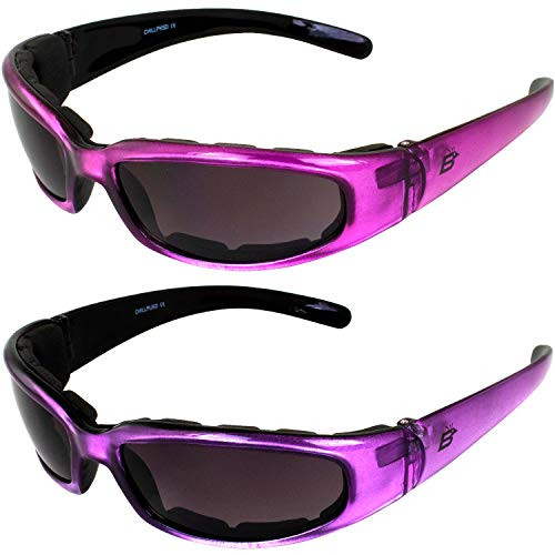 2 Pairs of Birdz Eyewear Chill Women's Motorcycle Sunglasses Padded Pink  and  Purple Frames Super Dark Lenses