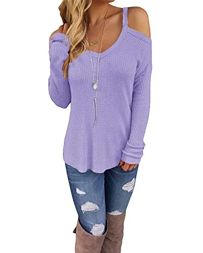 CNFIO Long Sleeve T Shirt for Women Cold Shoulder Knitted tops Oversize Loose Blouse Shirts Purple XX-Large