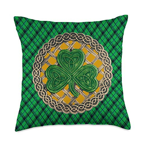 Atteestude Shamrock Celtic Knots With Yellow Background On Green Plaid Throw Pillow  18x18  Multicolor
