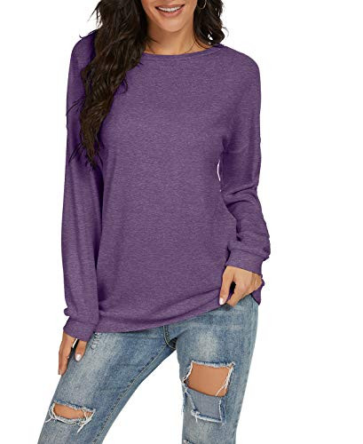 JINKESI Women's Casual Long Sleeve Color Block Round Neck Loose Fit Blouses T Shirts Sweatshirts Pullover Tops Shirts VG-Purple-X-Large