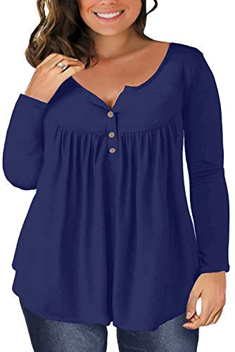 Womens Plus Size Long Sleeve Pleated Tunics V-Neck Henley Shirt Blouse Loose Royal Blue 20W