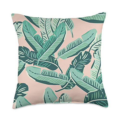 Vine Mercantile Tropical Peach Green Botanical Leaves Summer Jungle Pattern Throw Pillow  18x18  Multicolor