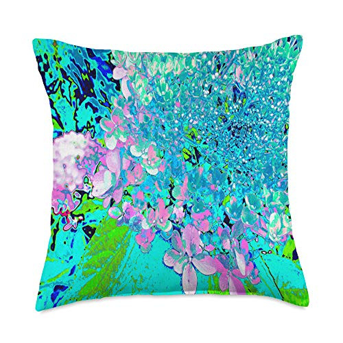My Rubio Garden Elegant Pink and Blue Hydrangea Bloom with Lime Green Leaves Throw Pillow  18x18  Multicolor