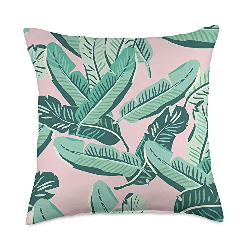 Vine Mercantile Tropical Pink  and  Green Botanical Leaves Summer Jungle Pattern Throw Pillow  18x18  Multicolor