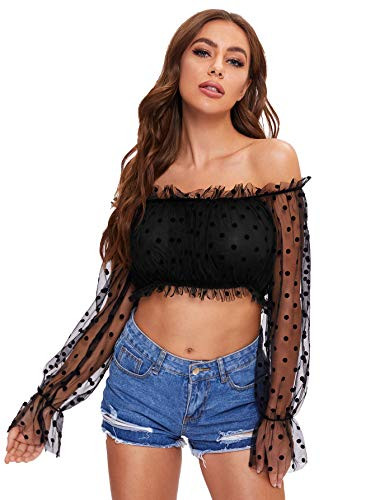 Verdusa Women's Long Sleeve Off Shoulder Sheer Mesh Crop Top Blouse Black XL
