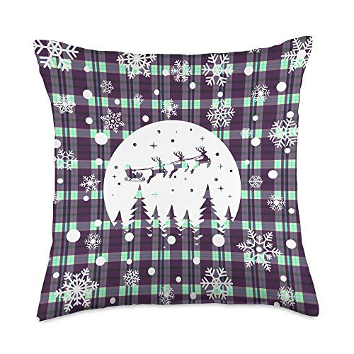 Snowy Christmas Santa Reindeer Red Plaid Gifts Snowflakes Purple Buffalo Plaid Christmas Santa Reindeer D3 Throw Pillow  18x18  Multicolor
