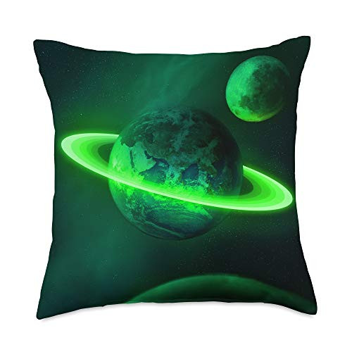 Lime Earth Full Moon Star Space Planet Digital Art Green Earth Full Moon Star Space Glowing Effect Digital Art Throw Pillow  18x18  Multicolor