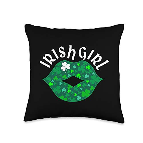 Funny St Patrick's Day Lips with Shamrock Tee Gift Irish St Patrick's Day Shirt Green Kiss Lips Womens Throw Pillow  16x16  Multicolor