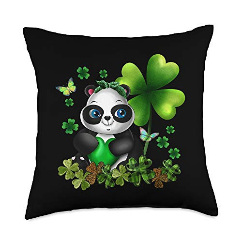 St Patricks Day Green Shamrock Decorations Gifts Girls St Patricks Day Kid's Cute Panda Green Shamrock Womens Throw Pillow  18x18  Multicolor
