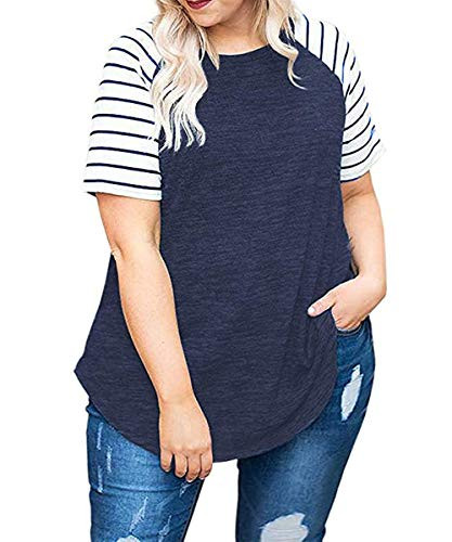 Women Plus Size Tops Summer Short Sleeve T-Shirts Raglan Blouse Light Purple colorblock Striped 4XL deep blue 22w 24w