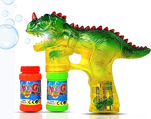 Haktoys Jurassic Dinosaur Bubble Gun Shooter Light Up Blower | Toy Bubble Blaster for Toddlers, Kids, Parties | LED Flashing Lights, Extra Refill Bottle, Sound-Free (Complimentary Batteries Included)