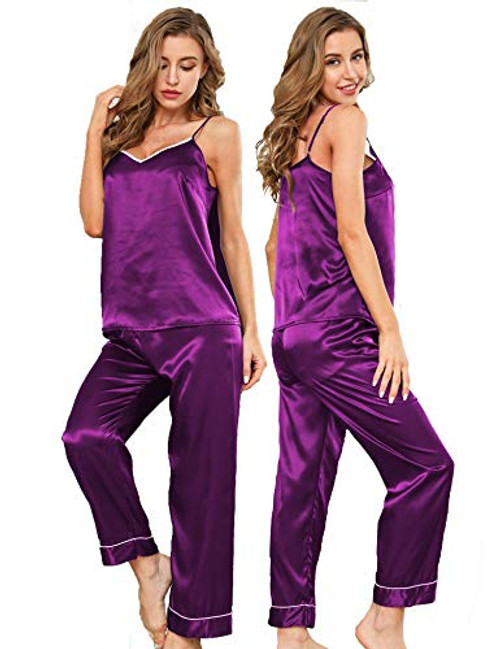 SWOMOG Womens Sexy Lingerie Silk Satin Pajamas Cami Set Sleepwear Sexy Nightwear Purple