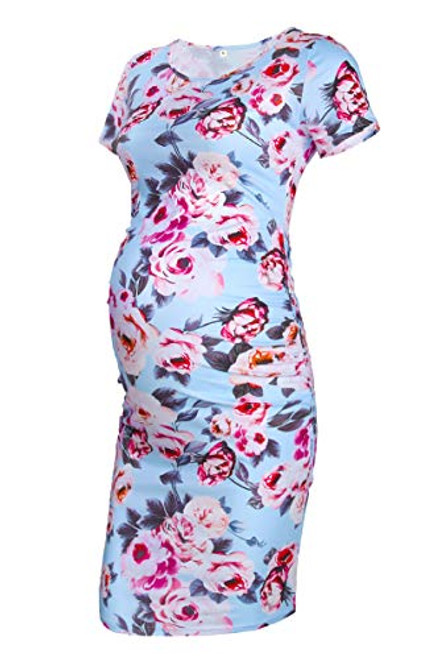 GLAMIX Women's Maternity Bodycon Dress Short Sleeve Ruched Casual Dress Pregnancy Clothes  A11 Floral Light Blue  L
