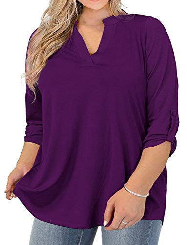 AMCLOS Womens Plus Size Solid Tunic Tops V Neck Blouse Shirts Purple  2XL