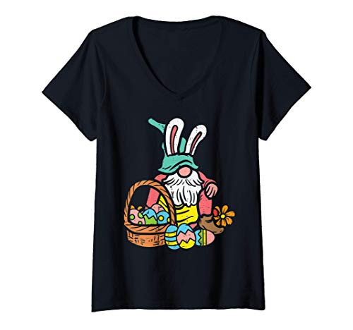 Womens Nordic Garden Gnome Bunny Easter Eggs Basket Tomte Nisse V-Neck T-Shirt