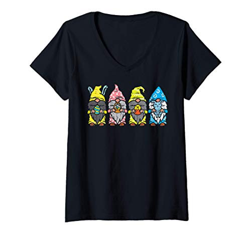 Womens Nordic Garden Gnomes Bunny Ears Easter Egg Bunny Tomte Nisse V-Neck T-Shirt