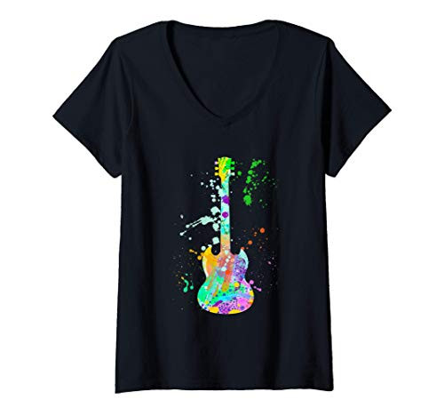 Womens Electric Guitar Paint Art Musician Guitarist Lover Gift Idea V-Neck T-Shirt