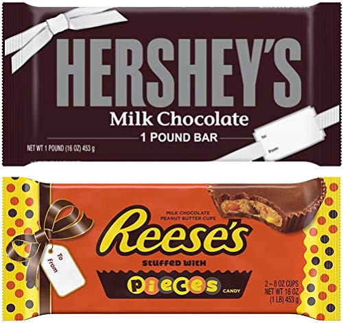 HERSHEY'S Milk Chocolate 1 Pound Bar and REESE'S Peanut Butter Cup stuffed with REESE'S Pieces 1 Pound  Perfect For Valentines Chocolate Candy Gift