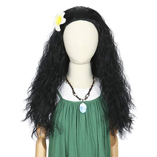 Cosela Long Black Curly Princess Wig for Kids Child Halloween Cosplay Wig with Flower Necklace