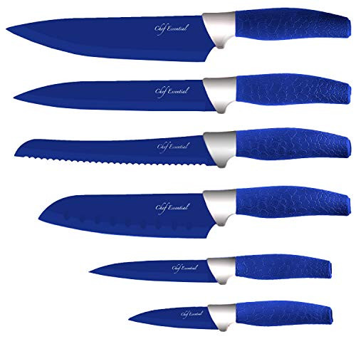 Chef Essential 6 Piece Knife Set With Matching Sheaths  Deep Blue