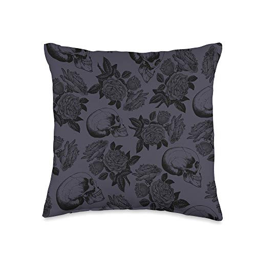 It's A Riot Art Skulls  and  Roses  Gothic Home Decor  Goth Girl  Purple  and  Black Throw Pillow  16x16  Multicolor